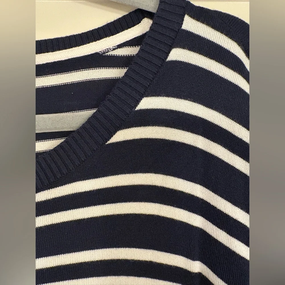 Market & Spruce Navy and White Striped Long Sleeve Fine Knit Sweater